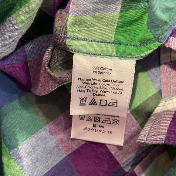 Eddie Bauer Size S Cotton Roll Tab Sleeve Button Down Shirt Green Purple Check - Picture 12 of 12